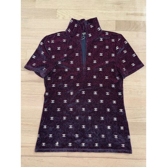 Chanel 20N Navy Blue Fuchsia Pink Silver Sequin CC Logo Stretch Top T Shirt 38 - Picture 5 of 16